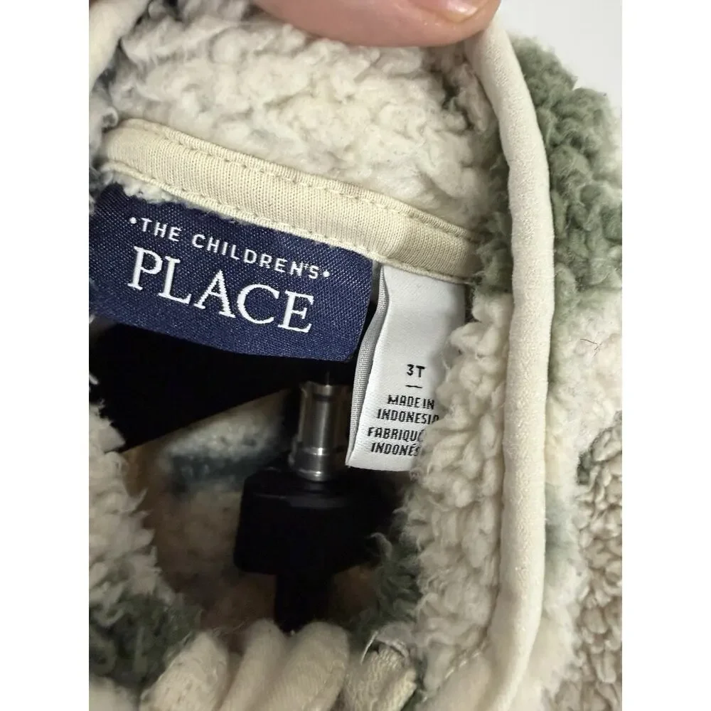 The Children's Place 3T Dinosaur Sherpa Fleece Full Zip Jacket Beige/Green